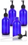 JUVITUS 8 oz Cobalt Blue Boston Round Glass Bottles with Black Lotion Pump (4 pack) + Travel Foamer Bottle