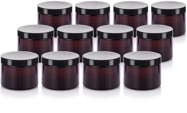 JUVITUS 6 oz Amber PET Plastic (BPA Free) Refillable Low Profile Refillable Jar (12 pack) (Black Lid)