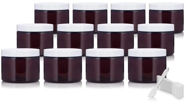 6 oz Amber PET Plastic Low Profile Refillable Jar with White Lid (12 pack)
