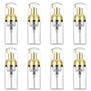 8 Pcs 1oz 30ml Plastic Foamer Pump Bottle Foam Dispenser Bottles Mini Liquid Foaming Bottles for Refillable Travel Hand Soap Foaming,Shampoo,Castile,Cleaning (Gold+Clear)