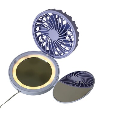 SPICE OF LIFE Mirror Fan-bulous Compact - Blue Daisy - 3-in-1 Wearable Neck Fan with 1x/2x Magnification &amp; LED Light, Included Neck Strap, USB Rechargeable Battery