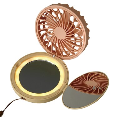 SPICE OF LIFE Mirror Fan-bulous Compact - Orange Apricot - 3-in-1 Wearable Neck Fan with 1x/2x Magnification &amp; LED Light, Included Neck Strap, USB Rechargeable Battery