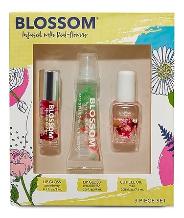 Blossom Scented Roll on Lip Gloss, Moisturizing Lip Gloss Tubes, Hydrating &amp; Strengthening Scented Cuticle Oil with Real Flowers, 0.55 fl oz./19.4mL, 3 pack Gift Set, Strawberry/Watermelon/Rose