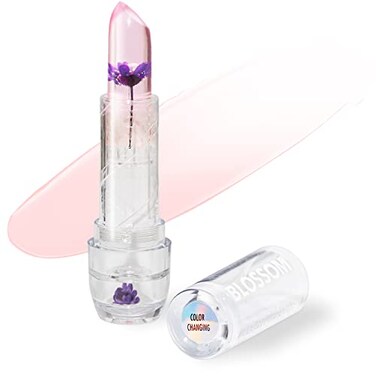 Blossom Lip Gloss Moisturizing pH Lip Balm, Strawberry Scented Color Changing Crystal Lip Stain Tint, Infused with Real Flowers, 3g, Purple