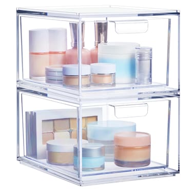 STORi Audrey Stackable Clear Bin Plastic Organizer Drawers   2 Piece Set   Organize Cosmetics and Beauty Supplies on a Vanity   Made in USA