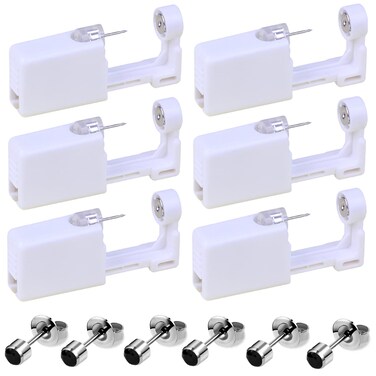 Ear Piercing Kit, 6 Pack Ear Piercing gun Kit with 4mm Black Earrings, Self Disposable Ear Piercing Gun