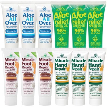 Miracle of Aloe Problem Solver Assortment   12 pcs/1 ounce tubes   Miracle Foot Repair, Miracle Hand Repair, Aloe Green Relief Gel, Aloe All Over