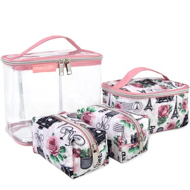 Emma &amp; Chloe 4 Piece Cosmetic Toiletry Bag Set, Waterproof Home, Travel Cosmetic Train Case Makeup Bags for Women with Zipper (Return to Paris)