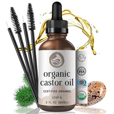 Pure VIRGIN Organic Castor Oil with Wand, Brush Kit - USDA Certified, Hexane-Free - Thicker Eye Lashes &amp; Nourish Hair Nails by Foxbrim Naturals 2 oz