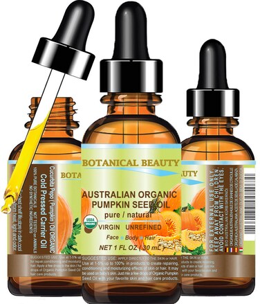 ORGANIC PUMPKIN SEED OIL Australian. 100% Pure/Natural/Undiluted/Unrefined Cold Pressed Carrier Oil. 1 Fl.oz.- 30 ml. For Skin, Hair, Lip And Nail Care. "One Of The Richest Sources Of Enzymes,