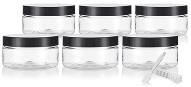 (6 Pack) 8 oz Clear Plastic Jar Shallow Low Profile with Black Smooth Lids + Spatulas