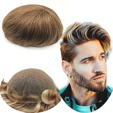 Toupee for Men - Real Human Hair Replacement System - Fine French Lace Hairpiece - Customizable Hair Units - Natural-Looking Hair Pieces - Hair Prosthesis - #4/27/613 Blonde - 8x10