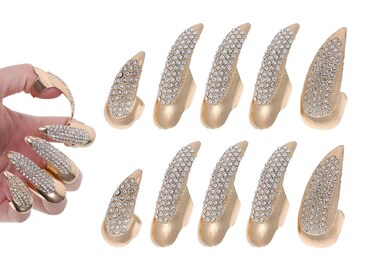 10 Pcs Halloween Costume Claws Fake Nails Ring Set, Bestga Gothic Punk 3 Sizes Crystal Full Finger Rings Paved Paw Bend Fingertip Fingernail Claw Girls Women Men Ring False Easy Long Nails (Golden)