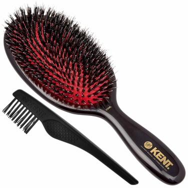 Kent CSML Classic Shine Large Oval Cushion Straightening Brush, Natural Boar Bristle Hair Brush with Nylon Quills, Hair Brush Detangle for Thick Hair and LPC2 Hair Brush Cleaner. Made in England