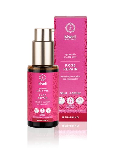 KHADI ROSE REPAIR hair oil, 100% natural, herbal &amp; vegan, intensive treatment &amp; regeneration for structurally damaged hair &amp; split ends, silicone-free, Ayurvedic care, organic natural beauty 1.69oz