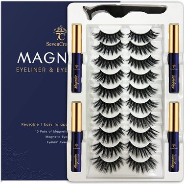 Magnetic Eyelashes with Eyeliner, Cat-Eye Magnetic Lashes Kit with Applicator,Most Natural Looking,Reusable Fake Eye Lash, Strongest Waterproof Liquid Liner,Cruelty-Free. 10 Pairs