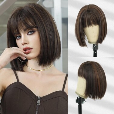 7JHH WIGS Short Straight Wig with Bangs 12in Short Natural Blonde Brown Bob Highlight Wig Synthetic Natural Hair Heat Resistant 150% Density Staight Layered Wig for Women Daily Used