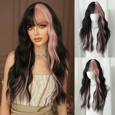 7JHH WIGS Long Wavy Pink Black Highlight Wig 27in Natural Heat Resistant Fiber Synthetic Curly Light Pink Black Ombre Wigs with Bangs for Women Girls Daily Party Chrismas Travel Used