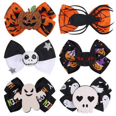 6 Pcs Halloween Hair Bow Clips - Pumpkin Spider Bat Ghost Hair Bows Knot Barrette for Girls' Party Hair Accessories