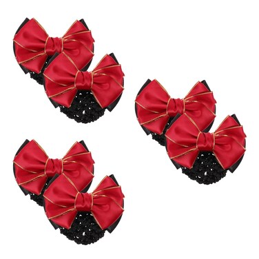 Abaodam 6 Pcs Bun Hair Nets - Red Mesh Ribbon Hair Bun Cover Hair Pin Hair Accessories Girl Hair Barrettes Bridal Headpieces for Wedding Bowknot Hair Net Hair Snood Office Purse Seine Large