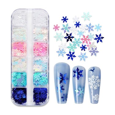 12 Grids Christmas Nail Glitter Sequins, Christmas Snowflakes Designs Nail Accessories Decorations White Snowflake Nail Art Glitter Christmas Blue Pink Nail Glitter Powder Accessories Nail Decals