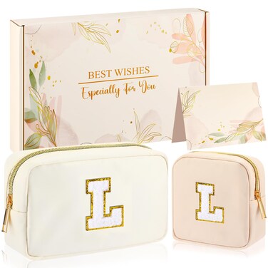 Abbylike Monogram Makeup Bag 2 Pcs Preppy Cosmetic Bag Bridesmaid Gift Bachelorette Party Favors Personalized Birthday Gift for Women Initial Toiletry Packet Nylon Chenille Letter Pouch(Letter L)
