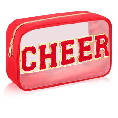 Abbylike Cheer Clear Makeup Letter Bag Cosmetic Zipper Cheers Pouch Chenille Patch Cheerleader Gifts Preppy Cheer Nylon Handmade Toiletry Bags for Women Girls Gifts (1, Red)