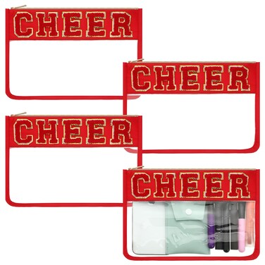 Abbylike 4 Pcs Makeup Bag Clear Letter Chenille Patch Bag Nylon Makeup Toiletry Pouch with Zipper for Women Gifts(Red,Cheer)