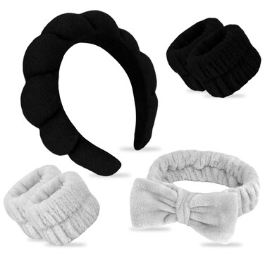 6Pcs Spa Headbands and Wrist Bands Set, Terry Cloth Headband, Microfiber Wristbands with Puffy Hair Band for Skincare, Face Washing, Makeup, Bathing, Yoga, Unisex