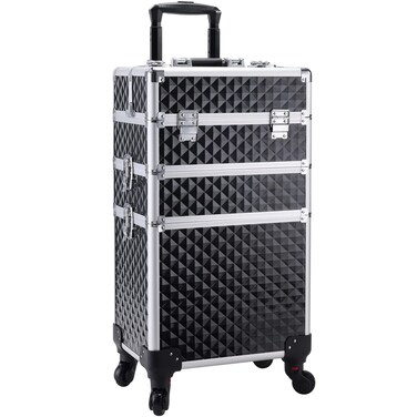 Adazzo 3 in 1 Professional Rolling Makeup Train Case Aluminum Trolley Case with 360&deg; Rotation Wheels for Makuep Artist Cosmetic Suitcase Organizer with Lock and Key Diamond Pattern - Black