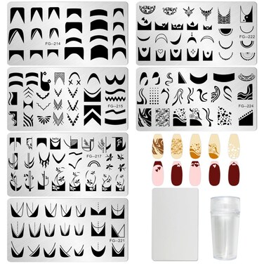 AddFavor 6pcs Nail Stamper Kit French Nail Stamping Plate Heart Geometric Image Nail Stencils with Silicone Nail Stamp and Scraper for Women Nail Design Tools