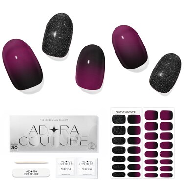 Semi Cured Gel Nail Strips Fall - 30pcs Uv Gel Nail Stickers - Black Glitter Purple Ombre Nail Stickers - Fall Nail Art Gel Stickers for Nails Uv Light Required (L.A Nightfall)