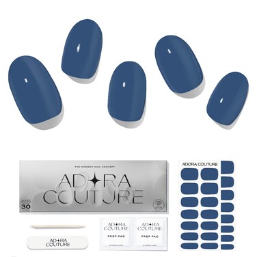 Semi Cured Gel Nail Strips with 30 Pieces, Salon Quality Nail Wraps for Women, Solid Glossy Blue UV Gel Nail Stickers, UV Light Required, True Blue