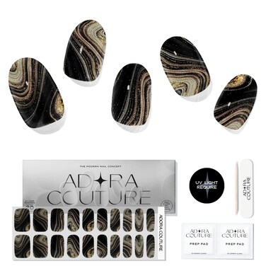 Semi Cured Gel Nail Strips Kit - 20pcs Uv Gel Nail Stickers - Black Gold Swirling Glitter Nail Wraps - Gel Stickers for Nails Uv Light Required (Milky Way)