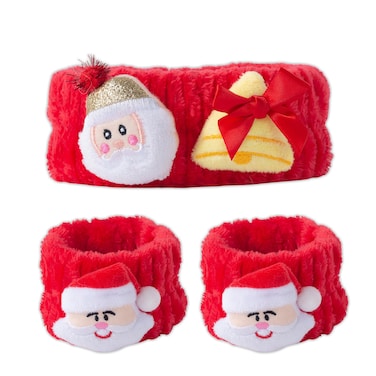 3pcs Christmas Skincare Headband and Wristband Set, Spa Headband for Washing Face, Makeup, Spa - Red Headband with Santa Claus Design Christmas Headbands for Women Christmas Hair Accessories Gifts