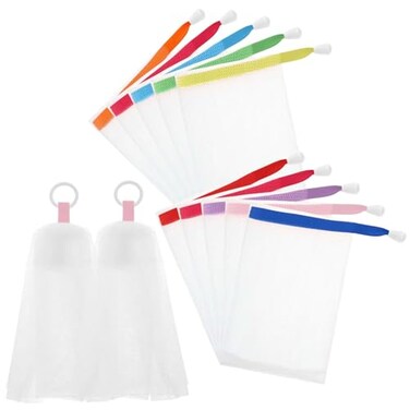 10 PCS Mesh Soap Bag with 2 PCS Foaming Net, Mesh Soap Pouch for Shower, Soap Bubble Exfoliating Soap Saver Net with Drawstring, Soap Bags for Soap Bars Bath Body Facial Cleaning