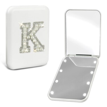 Small Mirror with Lights Teen Girl Gift Trendy Stuff Cute 5 6 7 8 9 10 11 12 13 Year Old Girl Gifts Pearl Initial LED Compact Mirror 1X/2X Magnification Travel Makeup Mirror for Women White K