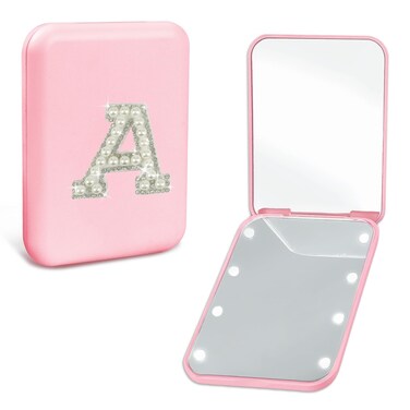 Preppy Stuff Pearl Initial Travel Compact Mirror with Lights Personalized 1X/2X Magnification Mini LED Makeup Mirror for Purse Pink Portable Pocket Mirror Trendy Gift for Women Teen Girls (A)