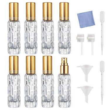8Pcs Glass Perfume Atomizer, 15ml Refillable Perfume Spray Bottles Mini Perfume Bottles, Small Empty Sample Containers, Portable Travel Bottle (15ML/A-Gold)