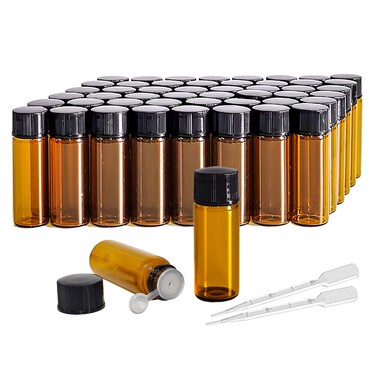 50Pcs 3ml 5ml Amber Sample Bottles,Mini Glass Essential Oil Bottle, with Black Screw Caps, for Travel Essential Oil and Perfume Vials Bottles (5ML)