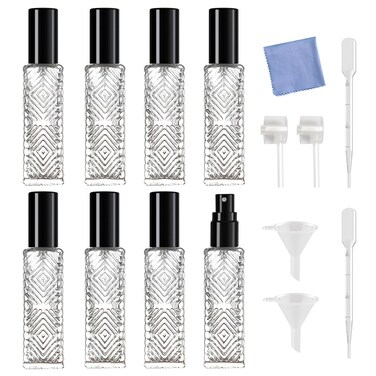 8Pcs 15ml Perfume Atomizer, Square Glass Perfume Atomizer Bottle Refillable Mini Perfume Bottles, Travel Essential Oil Portable Perfume Spray Bottle, with Perfume Dispenser (15ML/Black)