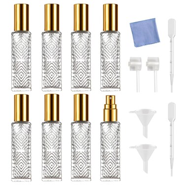 8Pcs 15ml Perfume Atomizer, Square Glass Perfume Atomizer Bottle Refillable Mini Perfume Bottles, Travel Essential Oil Portable Perfume Spray Bottle, with Perfume Dispenser (15ML/A-Gold)