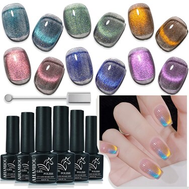 Crystal Cat Eye Gel Polish Kits 9D Holographic Magnetic Cats Eyes Gel Nail Polish Shiny Glitter Laser Varnish UV Gel Varnish Nail Art Manicure Kit,6PCS