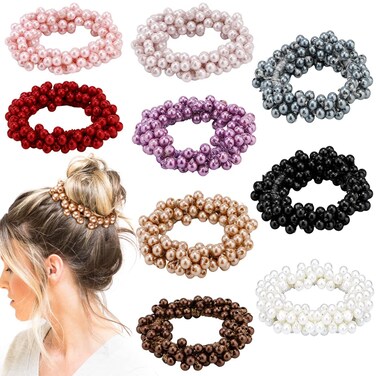 AHONEY 9Pcs Pearl Hair Ties, Crystal Beads Bulk Hair Ropes Stretchy Handmade Boho Hair Accessories for Women Girls, Multi-color Pearl