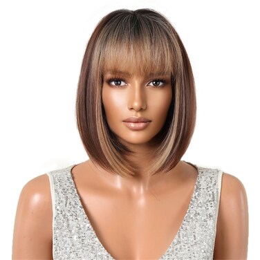Aimole Honey Short Bob Straight Wig Ombre Brown With Light Brown Strips Wigs Dark Roots Synthetic Hair With Long Sclap of Middle Part for Daily Party