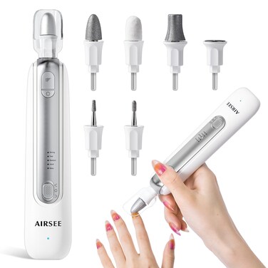 AIRSEE Professional Manicure Pedicure Kit,Cordless 6 in 1 Electric Nail File for feet,5 Speed Rechargeable Pedicure Tools for Thick Nail Toenail Cuticle, Hand Feet Trimmer Buffer for Women Men,White