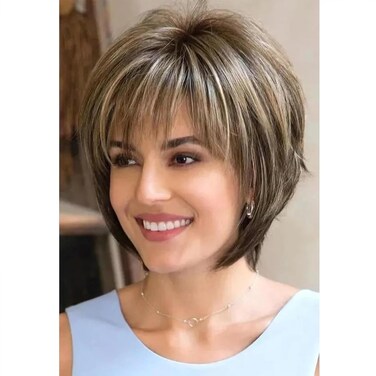 Aisaide Short Pixie Cut Bob Wig Dark Brown Mixed Highlight Ash Blonde Straight Bob Wigs for Women Short Layered Wigs for White Women Synthetic Short Brown Medium Length Wig with Bangs