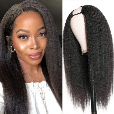 Aisaide Kinky Straight U Part Wigs for Black Women, Synthetic Short Yaki Straight Curly Black Wigs for Natural Hair, Full Head U Shape Wig Clip in Curly Wig 150 Density 1B 16inch