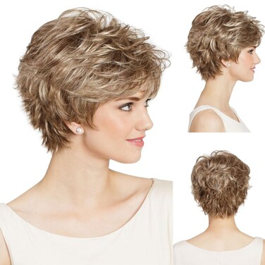 Aisaide Short Dark Brown Mixed Highlight Ash Blonde Pixie Cut Layered Wig for Women,Highlight Ombre Blonde Pixie Cut Layered Wig Synthetic Short Hair Wig with Bangs for Daily Use (Blonde Mix Brown)