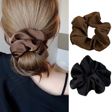 Silk Scrunchies for Women - Hair Ties, Elastic Ponytail Holders in Black, Brown, and Solid Colors for Thick Hair (2Pcs)
